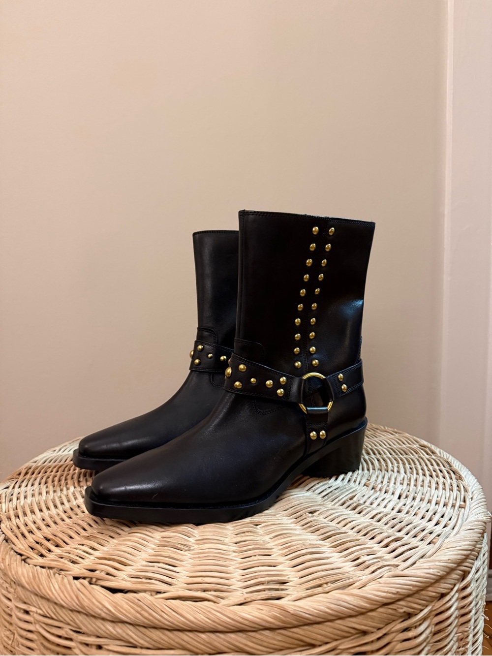Vince Camuto Roista Black Leather Studded Harness Ankle Boots with Gold Hardware